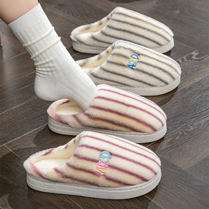 Plush Striped Winter Slippers – Warm Letter-Embroidered Indoor Home Shoes for Women & Men