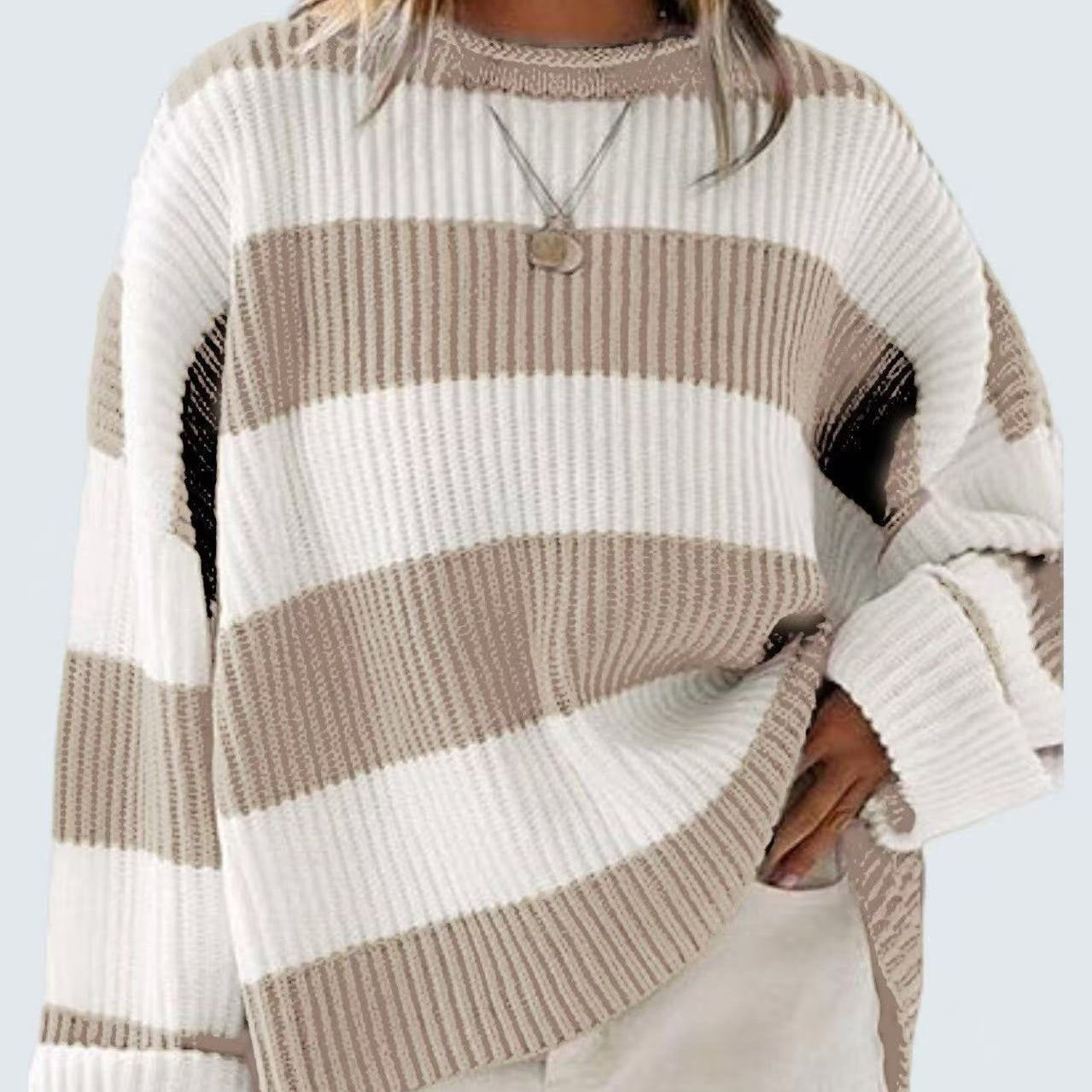 Women’s Loose Striped Sweater – Casual Long Batwing Sleeve Round Neck Pullover Knit Top