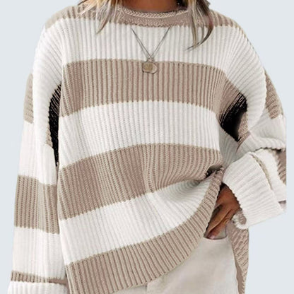 Women’s Loose Striped Sweater – Casual Long Batwing Sleeve Round Neck Pullover Knit Top
