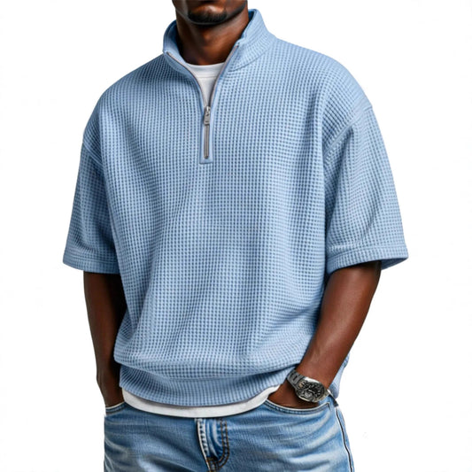 Men’s Waffle-Knit Short-Sleeve Polo Shirt – Loose-Fit Half-Zip Casual T-Shirt
