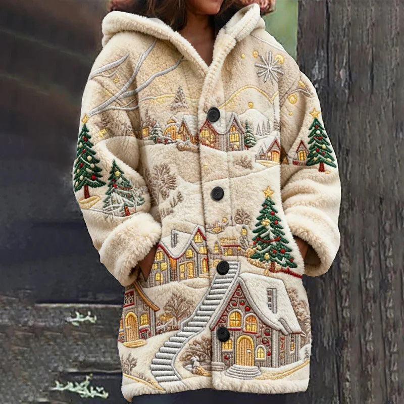 Women’s Christmas 3D Printed Casual Cloak Coat – Festive Winter Outerwear