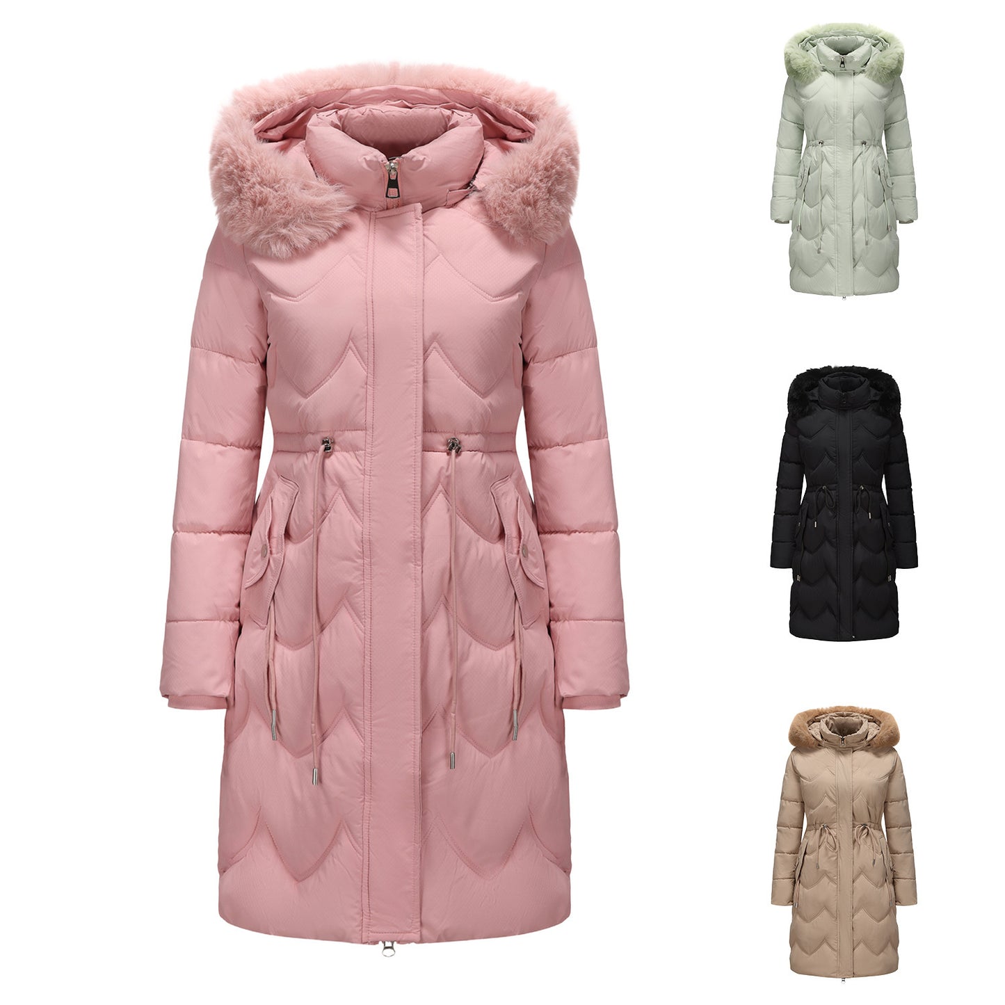 Women’s Mid-Length Cotton Coat with Big Fur Collar – Thickened Waist-Cinching Winter Jacket