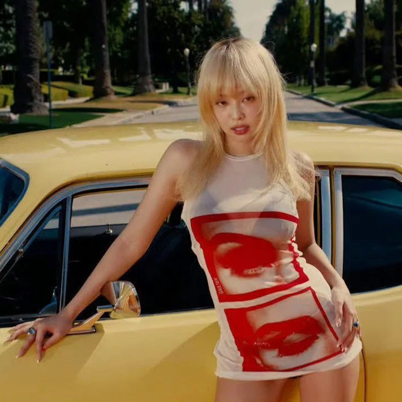 Women’s Sheer Slim-Fit Printed Sleeveless Top – Fashionable Hot Girl Casual Tank