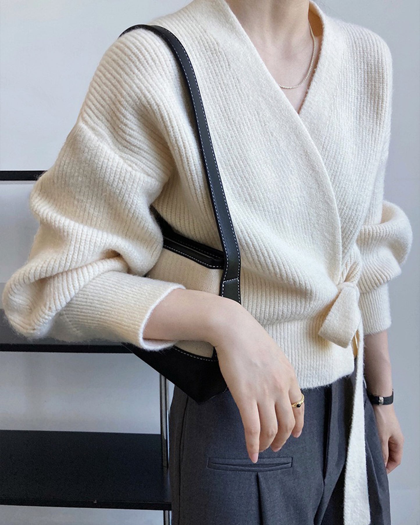 French Retro Knitted V-Neck Cardigan for Women – Handmade Spring Sweater with Tie, Loose Fit, Stylish Women's Coat