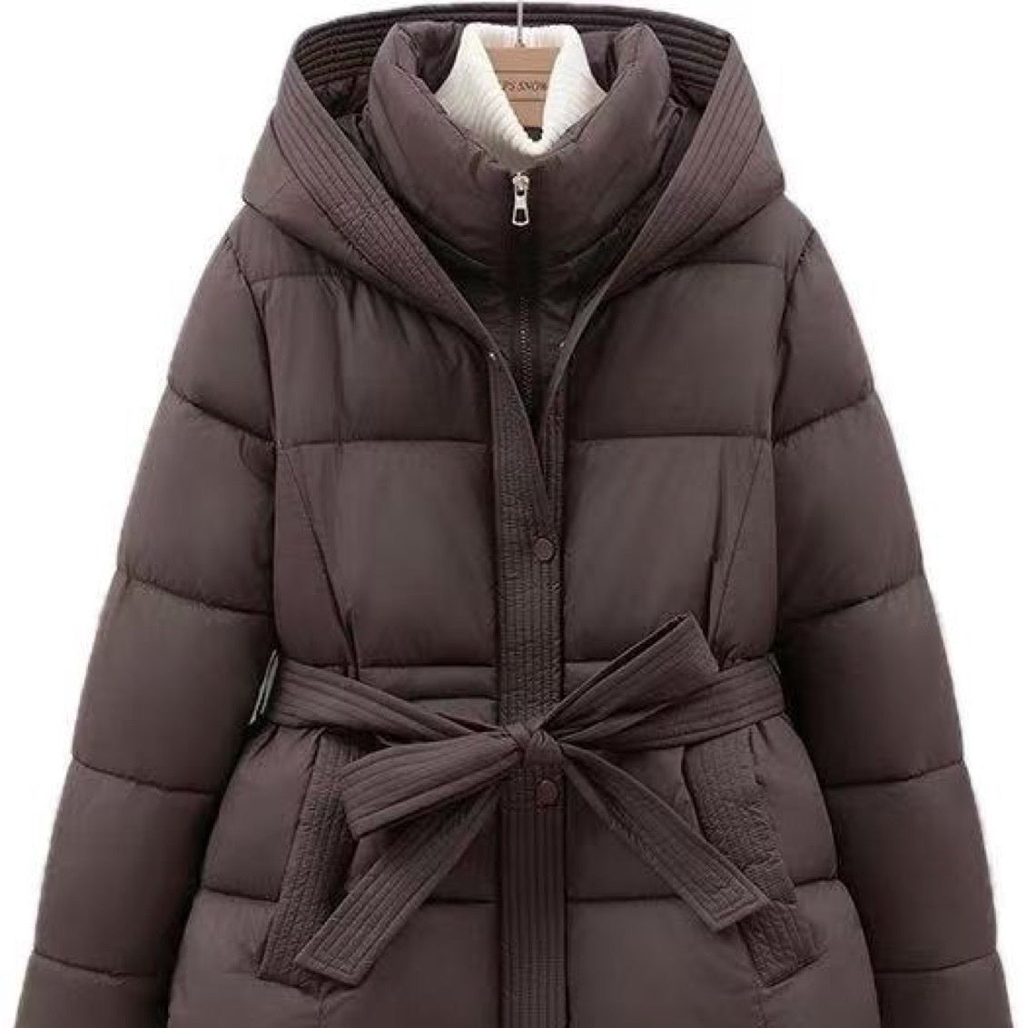 Women’s Short Hooded Coat – Waist-Cinching Slim-Fit Tie-Front Warm Jacket