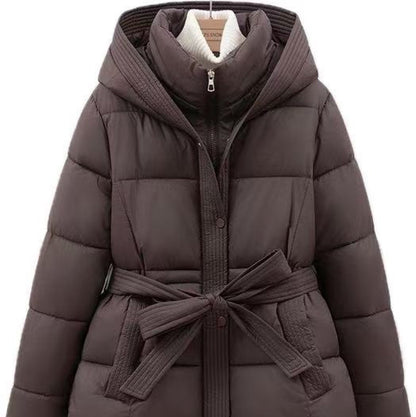 Women’s Short Hooded Coat – Waist-Cinching Slim-Fit Tie-Front Warm Jacket