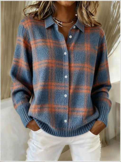 Women’s Printed Lapel Sweater – Casual Long-Sleeve Buttoned Knitted Pullover Top