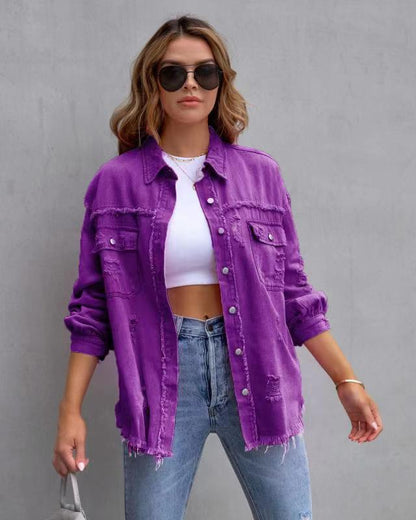 Women’s Fashion Ripped Shirt Jacket – Casual Autumn & Spring Top, Trendy Outerwear