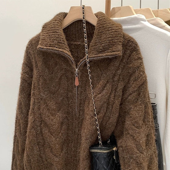 Women’s Korean-Style Cable Knit Sweater Coat – Double Zipper Outerwear