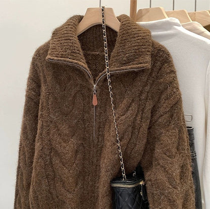 Women’s Korean-Style Cable Knit Sweater Coat – Double Zipper Outerwear