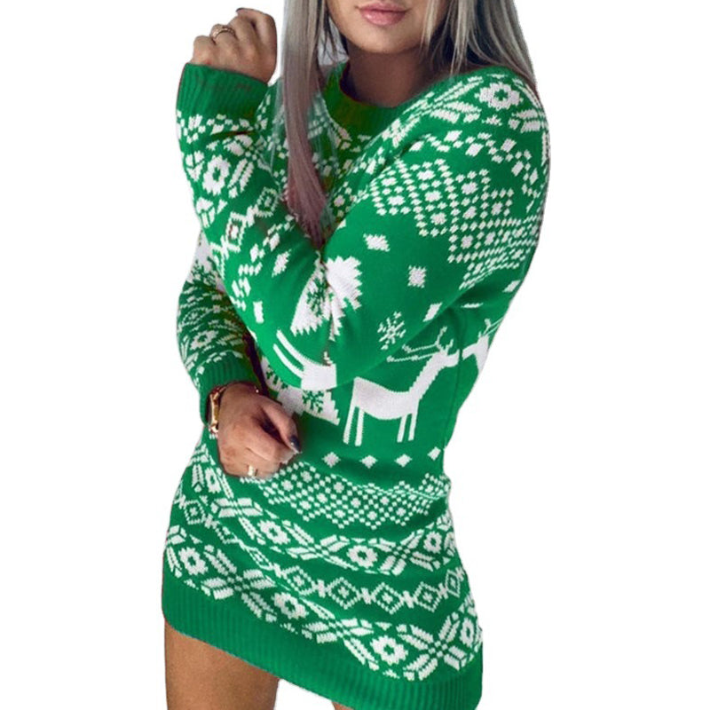 Women’s Festive Knitted Christmas Sweater – Soft Jacquard Pullover with Elk & Snowflake Design