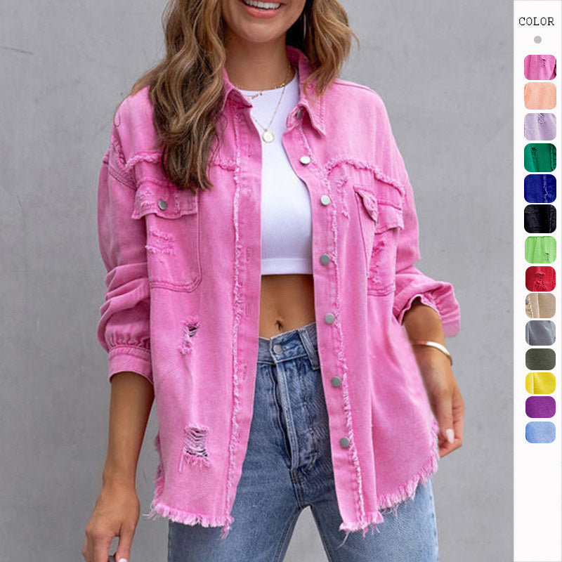 Women’s Fashion Ripped Shirt Jacket – Casual Autumn & Spring Top, Trendy Outerwear