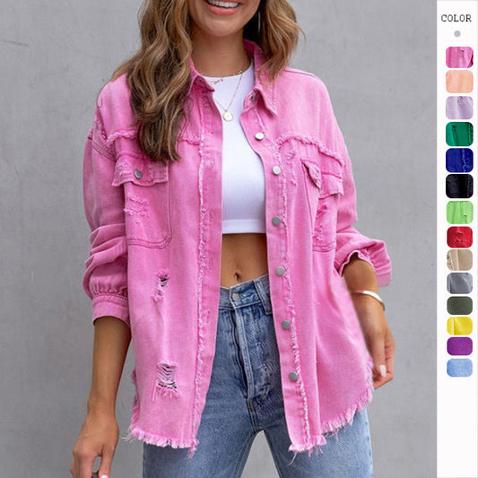 Women’s Fashion Ripped Shirt Jacket – Casual Autumn & Spring Top, Trendy Outerwear
