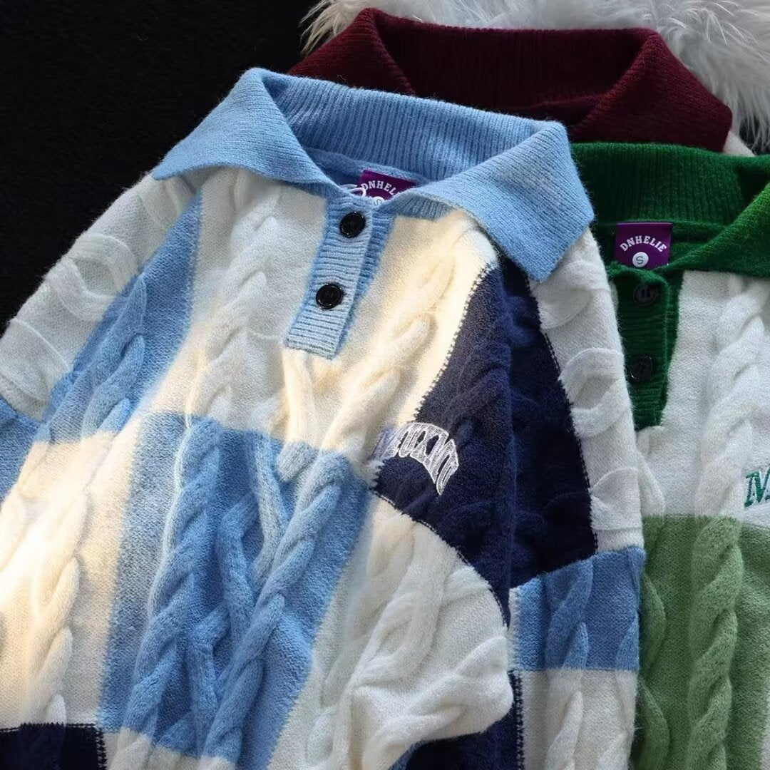 Women’s Contrast-Color Cable-Knit Sweater with Turn-Down Collar – Casual Knitwear