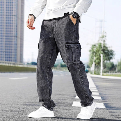 Men’s Loose-Fit Multi-Pocket Denim Jeans – Fashionable Street-Style Workwear