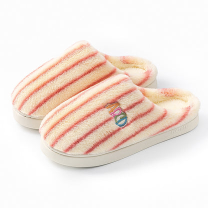 Plush Striped Winter Slippers – Warm Letter-Embroidered Indoor Home Shoes for Women & Men