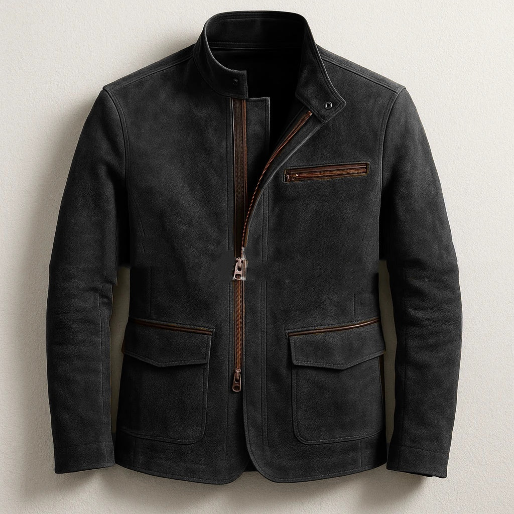 Men’s Stand-Up Collar Zip-Up Jacket – Casual Vintage Outerwear Coat