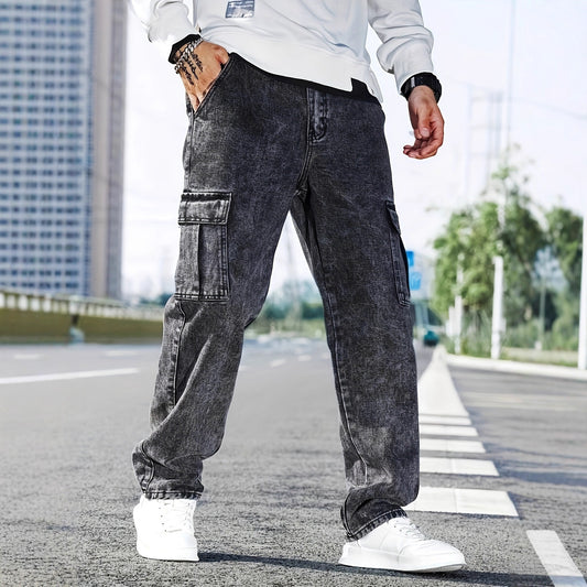 Men’s Loose-Fit Multi-Pocket Denim Jeans – Fashionable Street-Style Workwear