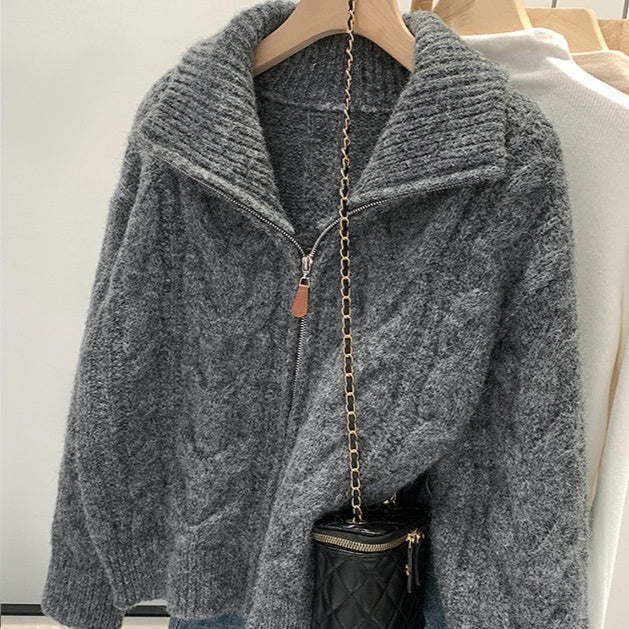 Women’s Korean-Style Cable Knit Sweater Coat – Double Zipper Outerwear