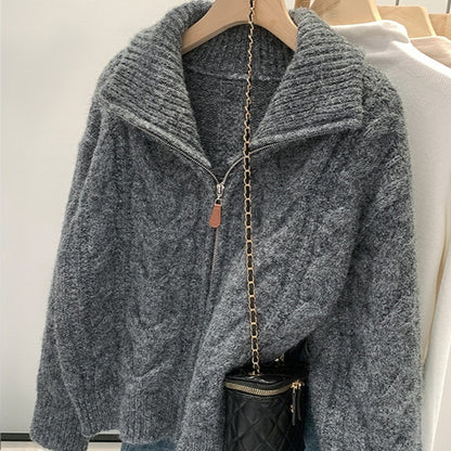 Women’s Korean-Style Cable Knit Sweater Coat – Double Zipper Outerwear