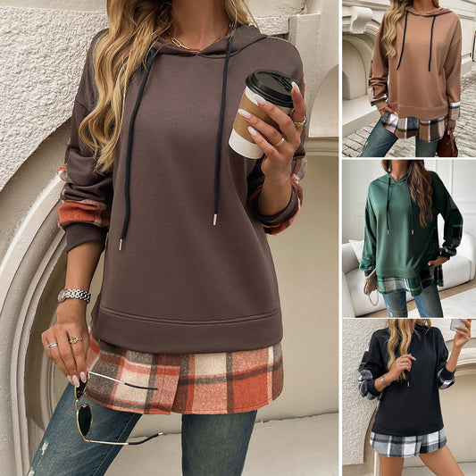 Women’s Vintage Oversized Hoodie – Plaid Patchwork Y2K Streetwear Long Sleeve Sweatshirt