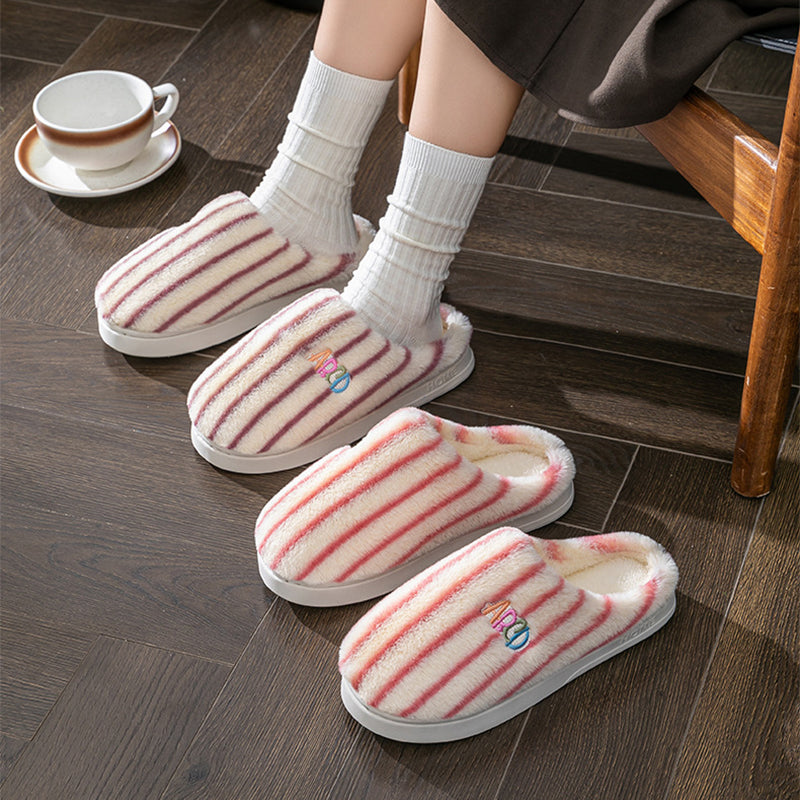 Plush Striped Winter Slippers – Warm Letter-Embroidered Indoor Home Shoes for Women & Men