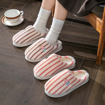 Plush Striped Winter Slippers – Warm Letter-Embroidered Indoor Home Shoes for Women & Men