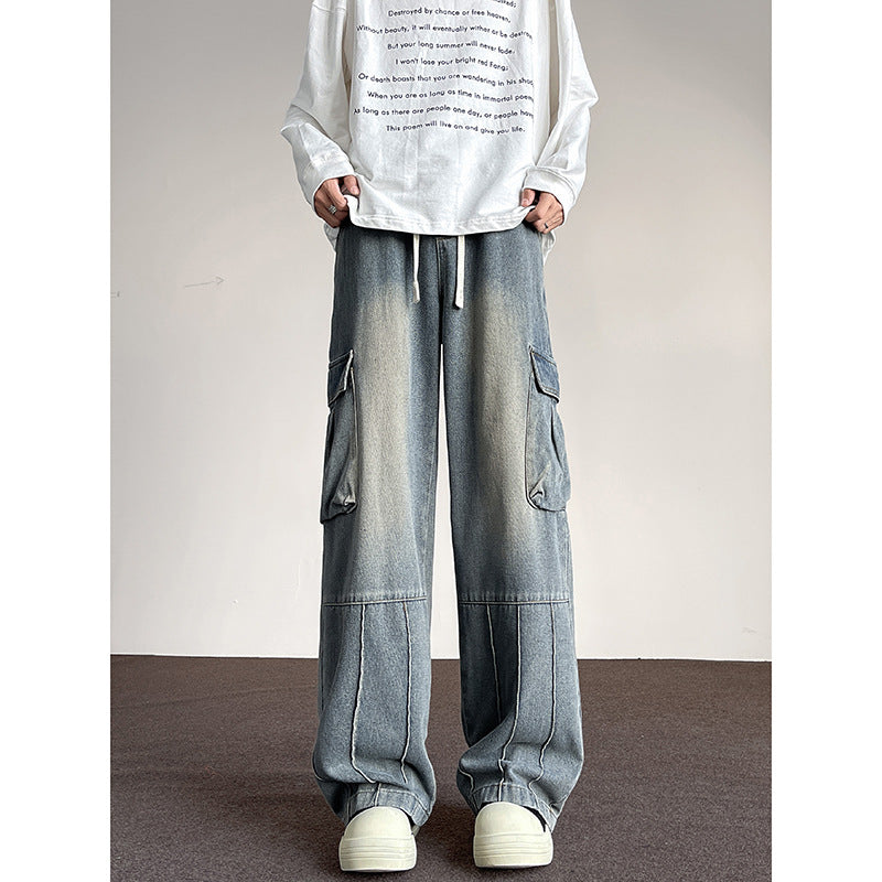 Men’s Washed Vintage Denim Pants – Wide-Leg Multi-Pocket Casual Trousers