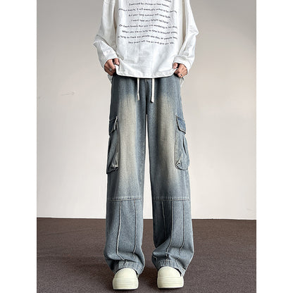 Men’s Washed Vintage Denim Pants – Wide-Leg Multi-Pocket Casual Trousers