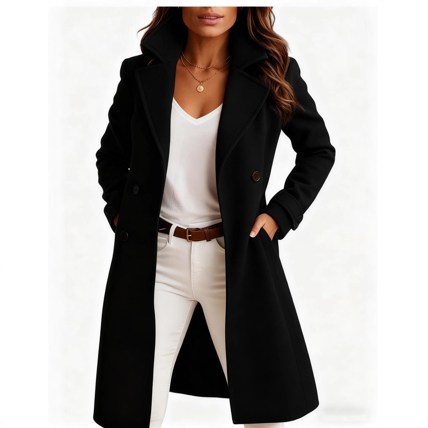 Women’s Single-Breasted Mid-Length Coat with Pockets – Elegant Lapel Jacket, Casual Long-Sleeve Fashion Outerwear