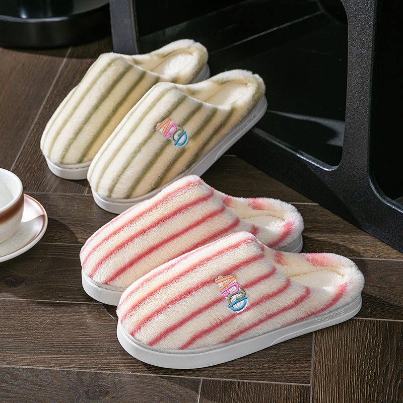 Plush Striped Winter Slippers – Warm Letter-Embroidered Indoor Home Shoes for Women & Men
