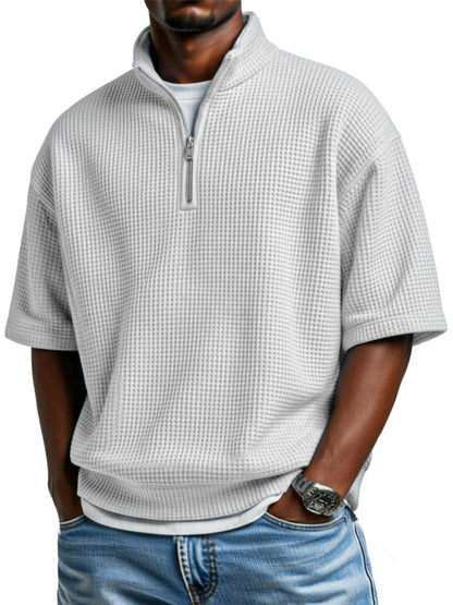 Men’s Waffle-Knit Short-Sleeve Polo Shirt – Loose-Fit Half-Zip Casual T-Shirt
