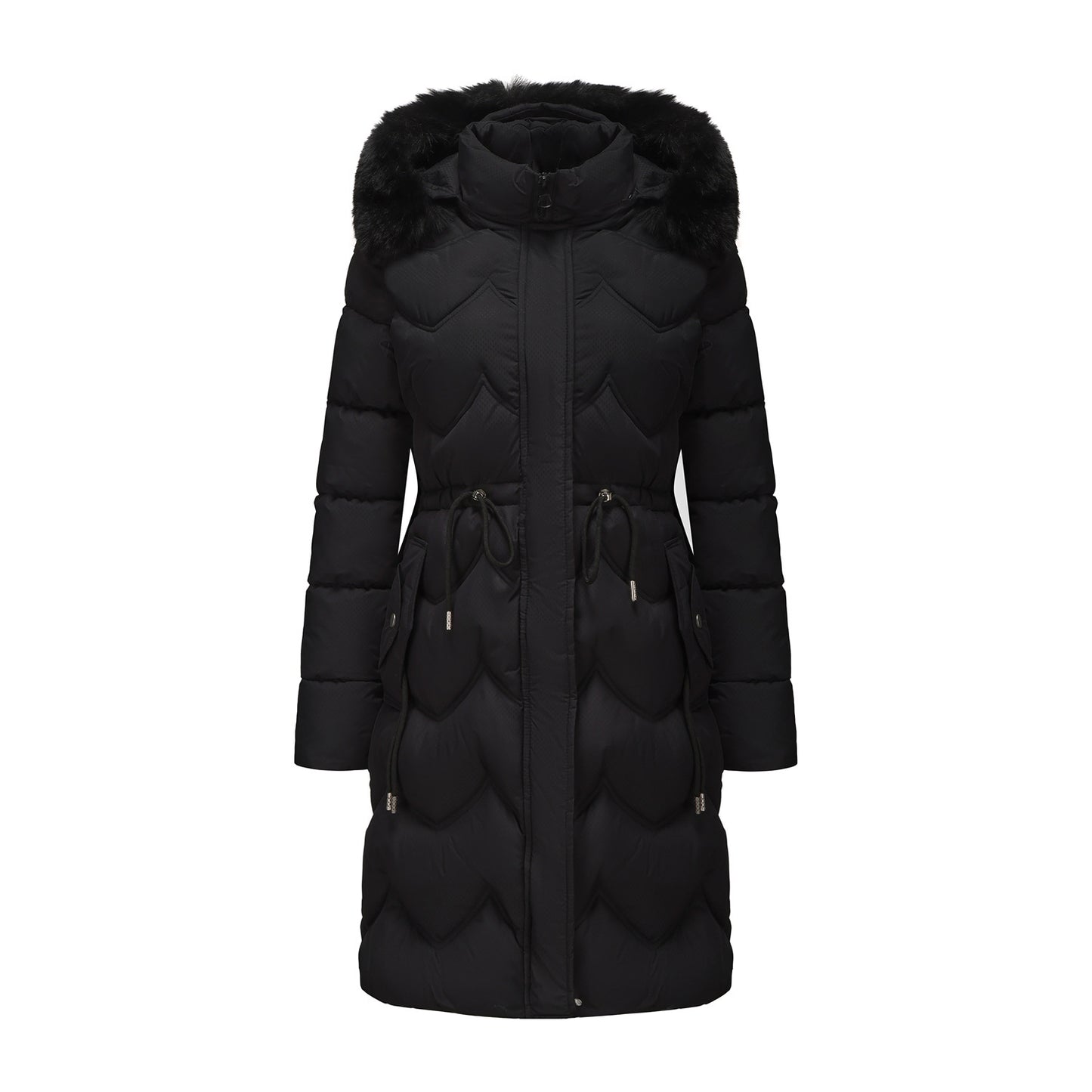 Women’s Mid-Length Cotton Coat with Big Fur Collar – Thickened Waist-Cinching Winter Jacket