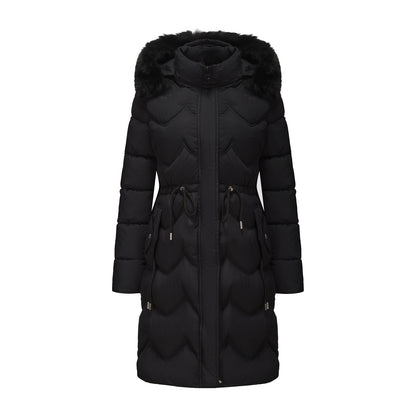 Women’s Mid-Length Cotton Coat with Big Fur Collar – Thickened Waist-Cinching Winter Jacket