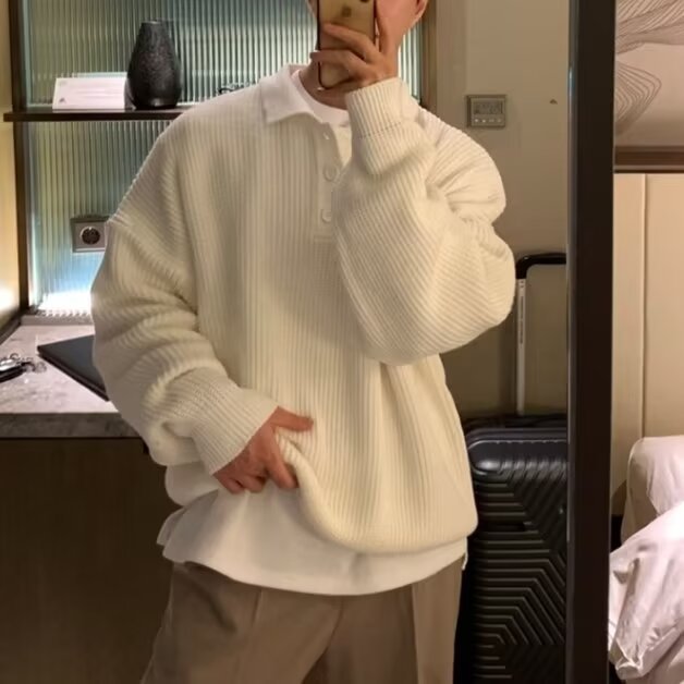 Men’s Long-Sleeve Polo Sweater – Turn-Down Collar Knit Top