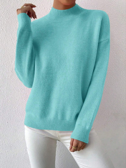 Women’s Solid Color Pullover Sweater – Mid-High Neck Long Sleeve Knitted Top