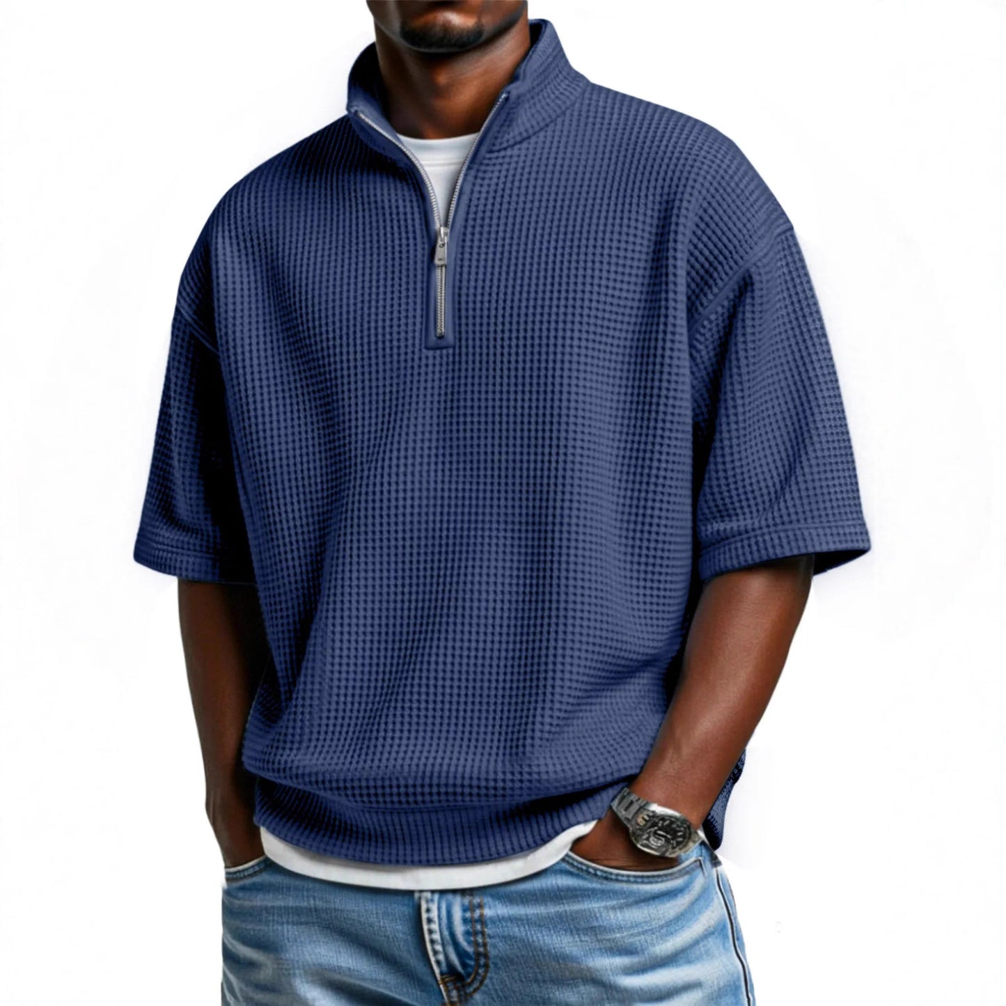 Men’s Waffle-Knit Short-Sleeve Polo Shirt – Loose-Fit Half-Zip Casual T-Shirt