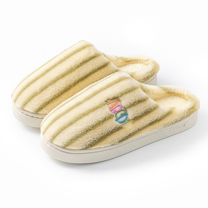 Plush Striped Winter Slippers – Warm Letter-Embroidered Indoor Home Shoes for Women & Men