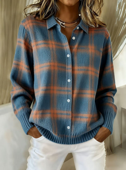 Women’s Printed Lapel Sweater – Casual Long-Sleeve Buttoned Knitted Pullover Top