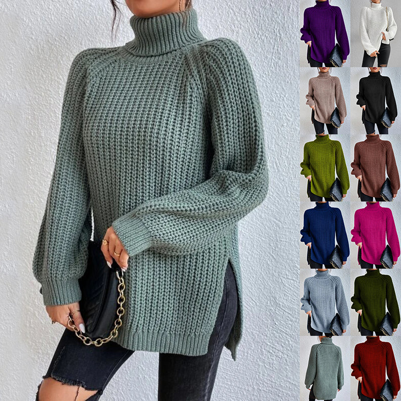 Women’s Turtleneck Pullover Sweater – Solid Color Long Sleeve Top with Split Design