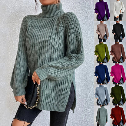 Women’s Turtleneck Pullover Sweater – Solid Color Long Sleeve Top with Split Design
