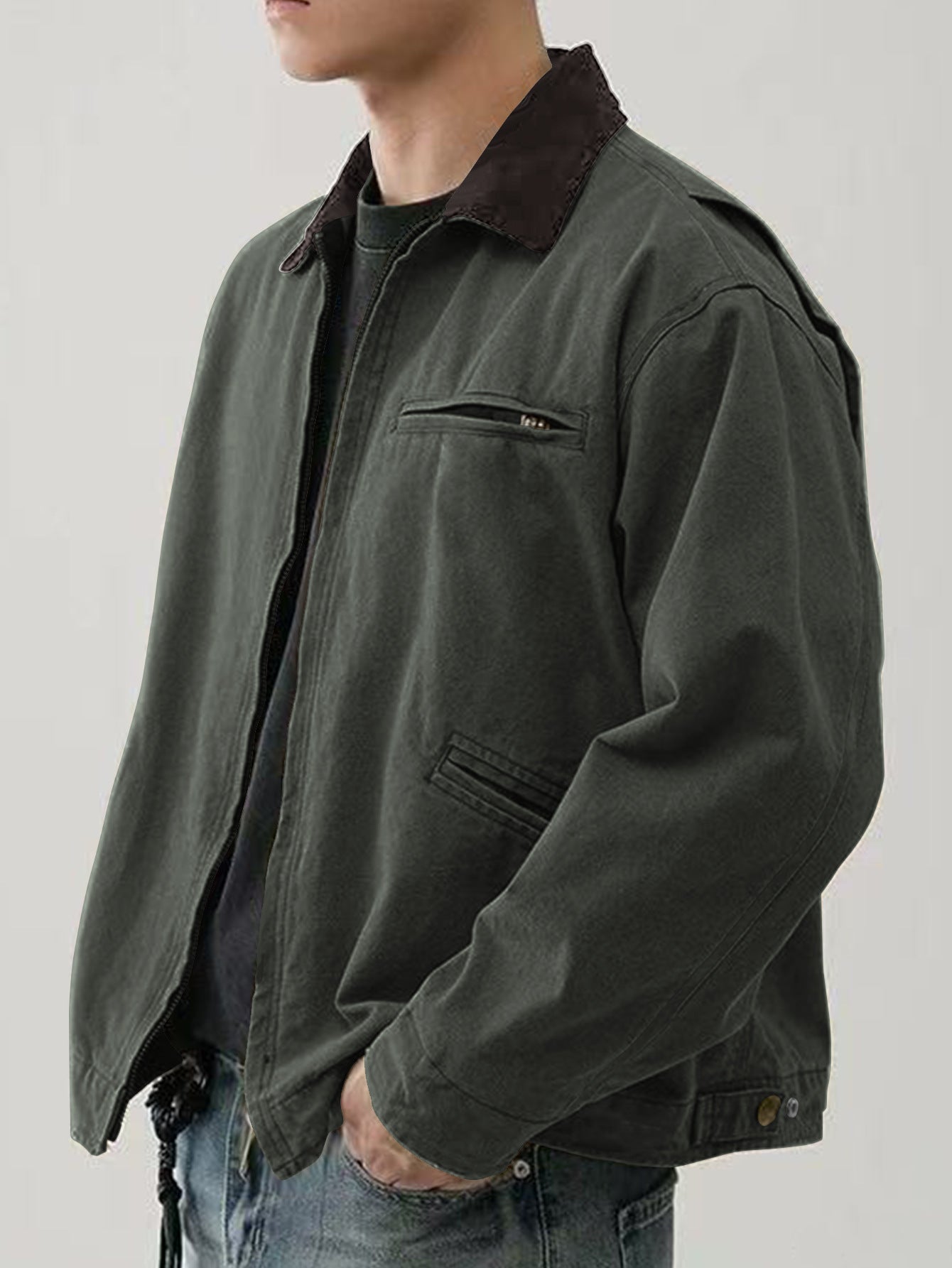 Men’s Turn-Down Collar Jacket – Washed Tooling Coat for Spring & Autumn