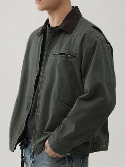 Men’s Turn-Down Collar Jacket – Washed Tooling Coat for Spring & Autumn
