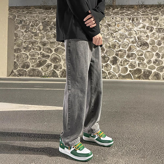 Men’s Smoke Gray Loose Wide-Leg Straight Jeans – Casual Retro Denim Pants