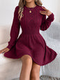 Women’s Cable Knit Sweater Dress with Lantern Sleeves & Cinched Waist – Solid Color Winter Outfit