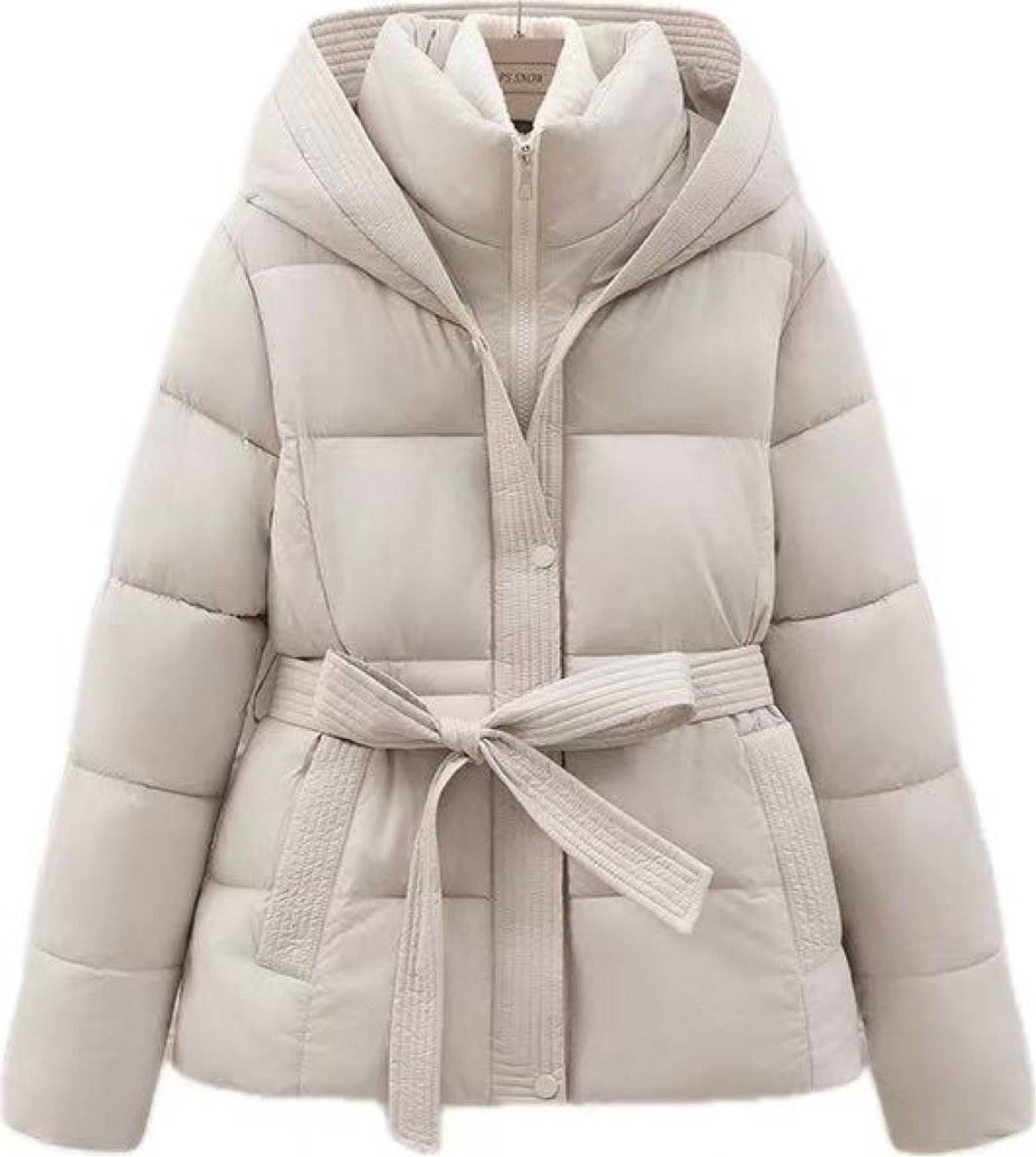 Women’s Short Hooded Coat – Waist-Cinching Slim-Fit Tie-Front Warm Jacket