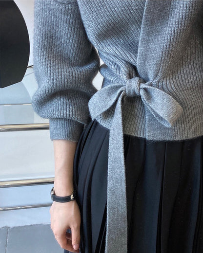 French Retro Knitted V-Neck Cardigan for Women – Handmade Spring Sweater with Tie, Loose Fit, Stylish Women's Coat