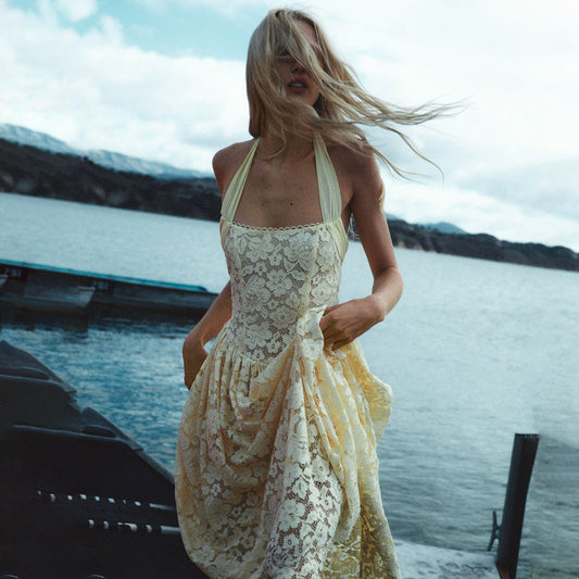 Women’s Lace Solid Color Halter Backless Waist-Cinching Bustier Dress