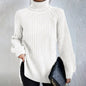 Women’s Turtleneck Pullover Sweater – Solid Color Long Sleeve Top with Split Design