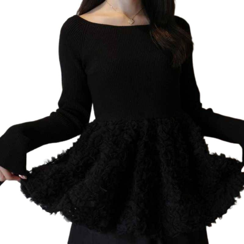 Women’s Long-Sleeve Knitted Patchwork Sweater – Floral Embroidered Casual Knit Top